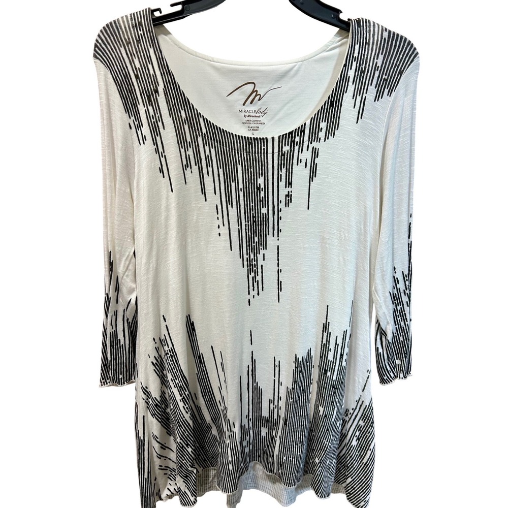 Miraclebody by Miraclesuit Womens Large White Black Abstract Print Tunic Top 3/4
